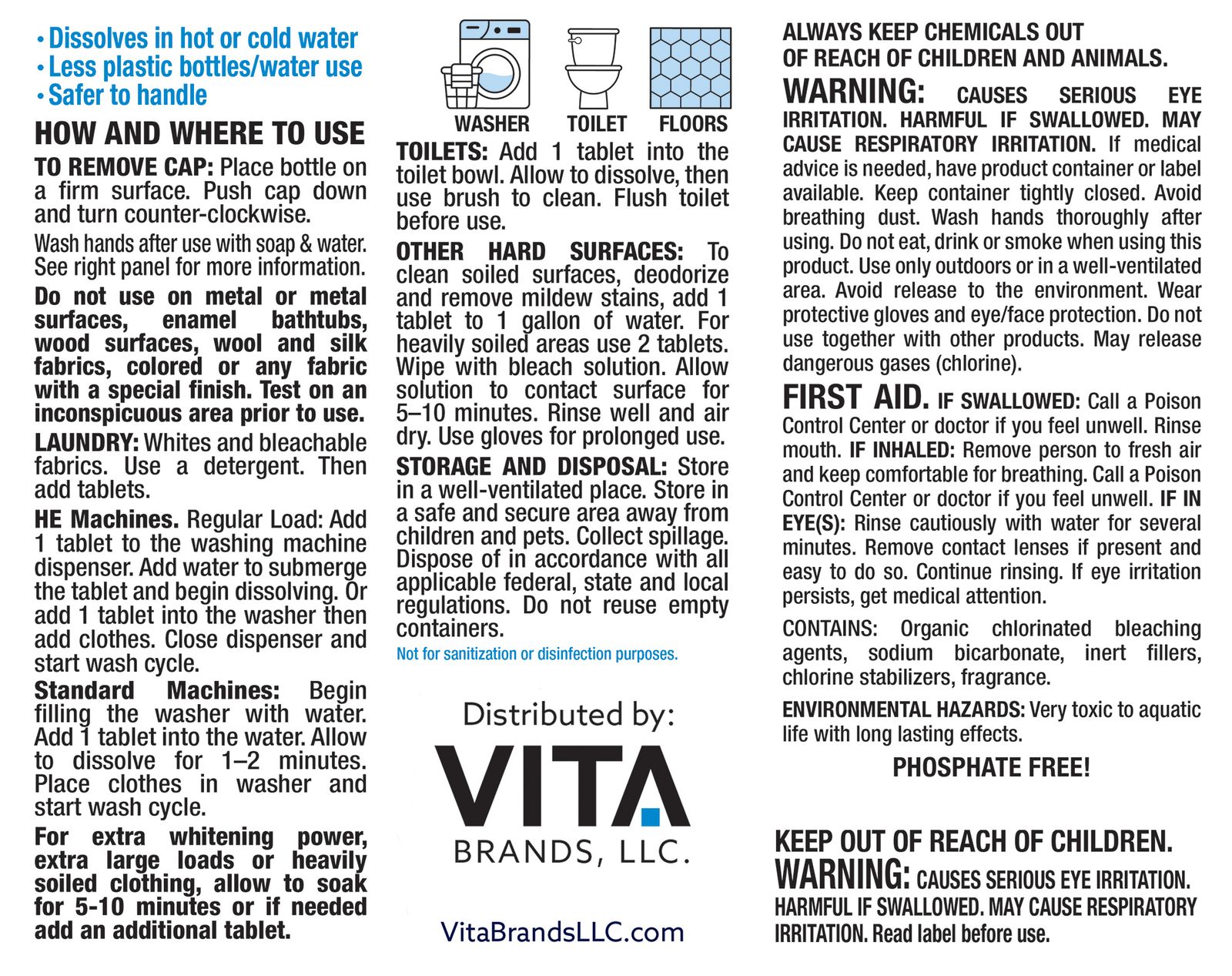 Smart Bleach&reg; back label &mdash; directions for use, ingredients, warnings, and first aid